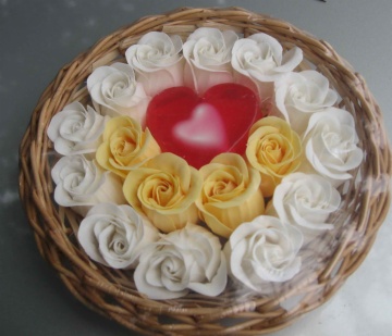 basket  packed soap flower and transparent soap